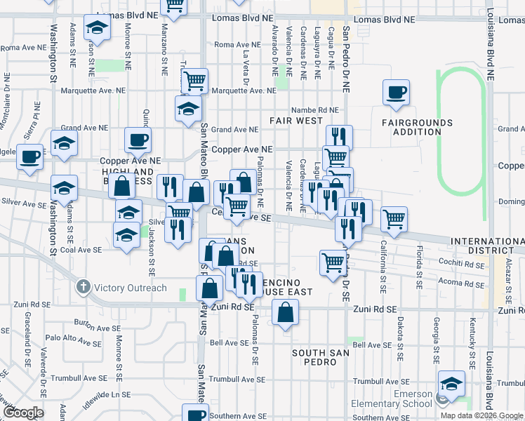 map of restaurants, bars, coffee shops, grocery stores, and more near 5701 Central Avenue Northeast in Albuquerque