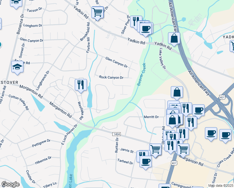 map of restaurants, bars, coffee shops, grocery stores, and more near 295 Warton Lane in Fayetteville