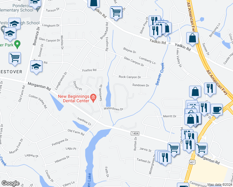 map of restaurants, bars, coffee shops, grocery stores, and more near 216 Waterdown Drive in Fayetteville