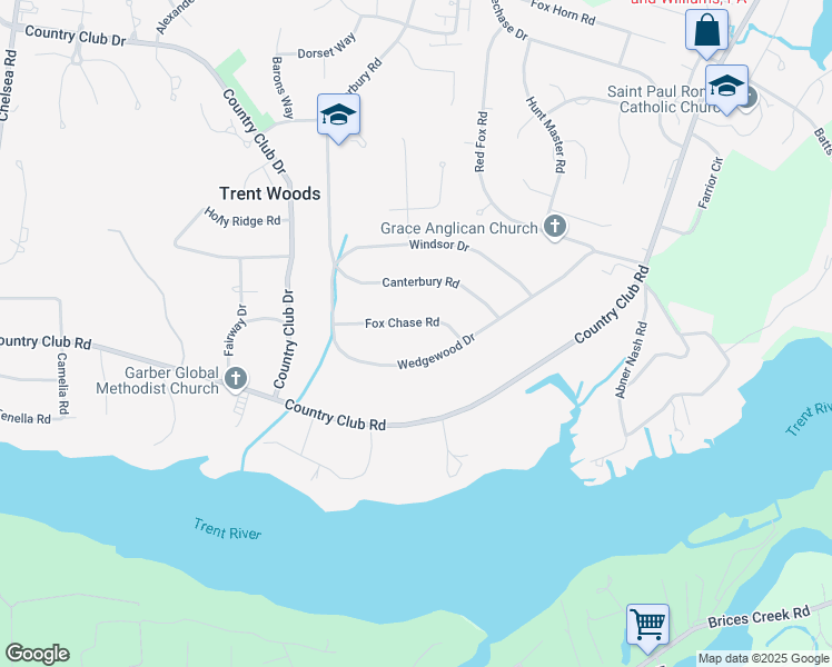 map of restaurants, bars, coffee shops, grocery stores, and more near 3607 Fox Chase Road in Trent Woods
