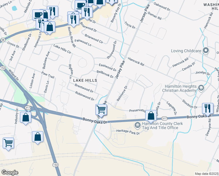 map of restaurants, bars, coffee shops, grocery stores, and more near 4809 Bonny Lake Lane in Chattanooga