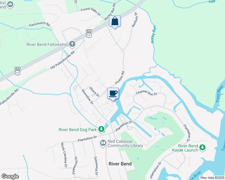 map of restaurants, bars, coffee shops, grocery stores, and more near 133 Pirates Road in New Bern