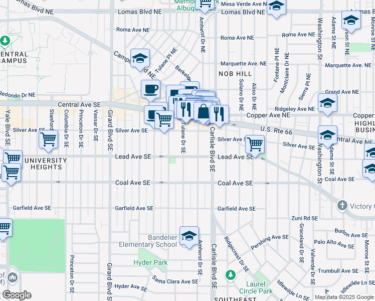 map of restaurants, bars, coffee shops, grocery stores, and more near 220 Tulane Drive Northeast in Albuquerque