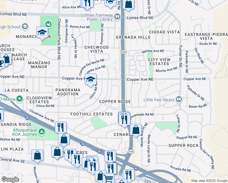 map of restaurants, bars, coffee shops, grocery stores, and more near 557 Tramway Boulevard Northeast in Albuquerque