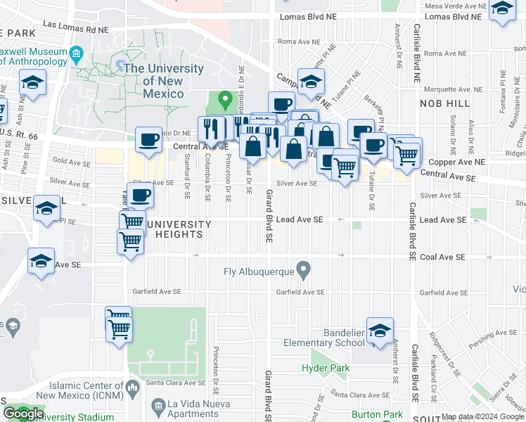 map of restaurants, bars, coffee shops, grocery stores, and more near in Albuquerque