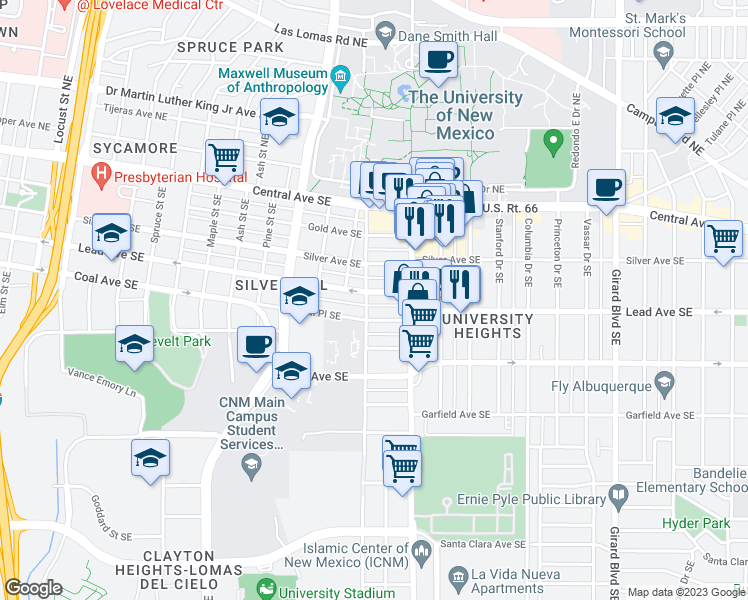 map of restaurants, bars, coffee shops, grocery stores, and more near 2124 Lead Avenue in Albuquerque