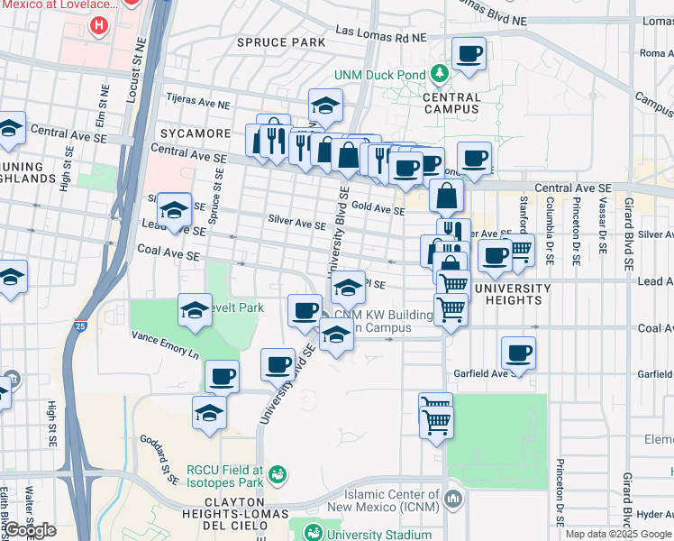 map of restaurants, bars, coffee shops, grocery stores, and more near in Albuquerque