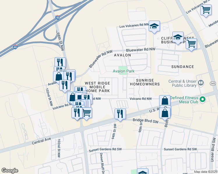 map of restaurants, bars, coffee shops, grocery stores, and more near 2730 Paseo De Canto Drive Southwest in Albuquerque