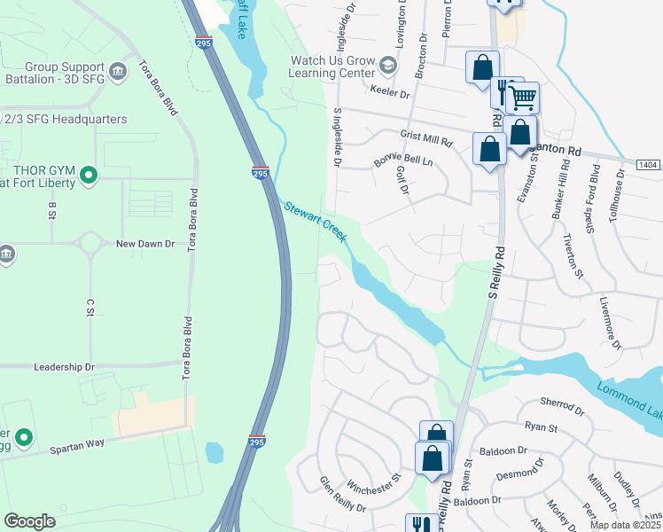 map of restaurants, bars, coffee shops, grocery stores, and more near 979 Stewarts Creek Drive in Fayetteville