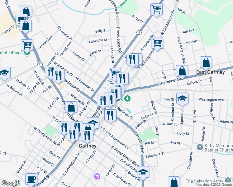map of restaurants, bars, coffee shops, grocery stores, and more near 100-198 Cherokee Ave in Gaffney