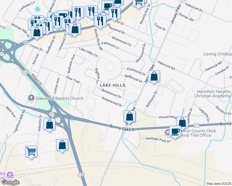 map of restaurants, bars, coffee shops, grocery stores, and more near 4717 Brentwood Drive in Chattanooga