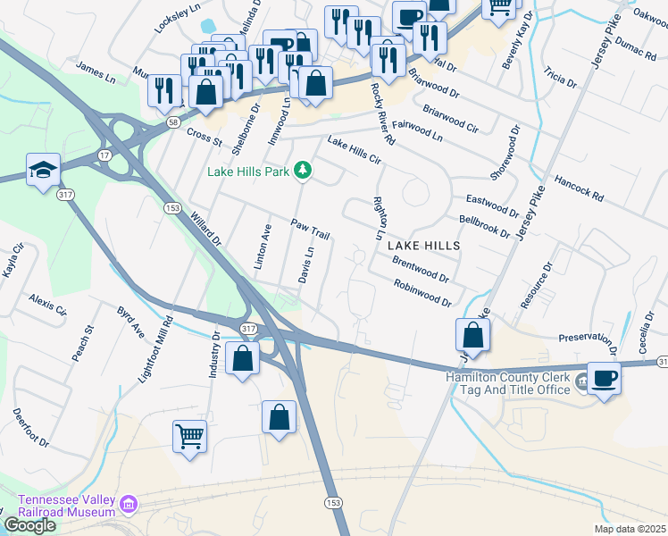 map of restaurants, bars, coffee shops, grocery stores, and more near 4628 Paw Trail in Chattanooga
