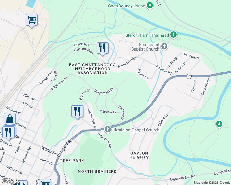 map of restaurants, bars, coffee shops, grocery stores, and more near 3614 Parkway Drive in Chattanooga