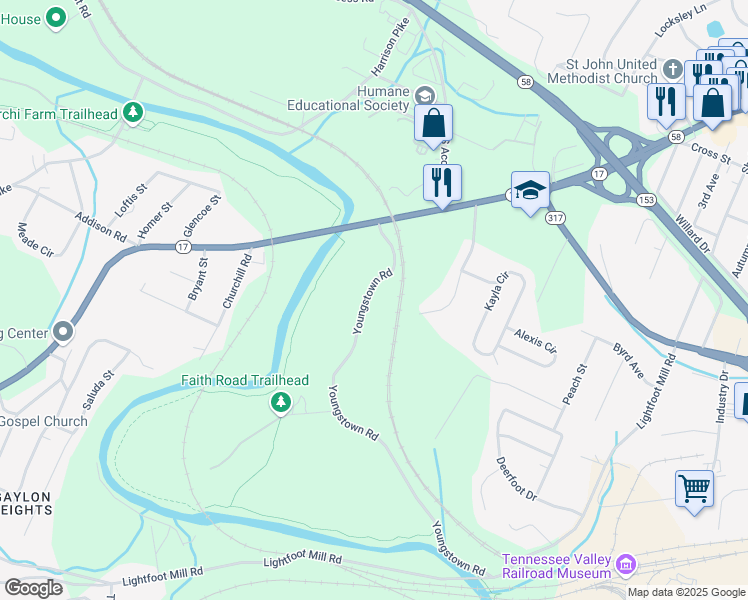 map of restaurants, bars, coffee shops, grocery stores, and more near 3838 Youngstown Road in Chattanooga