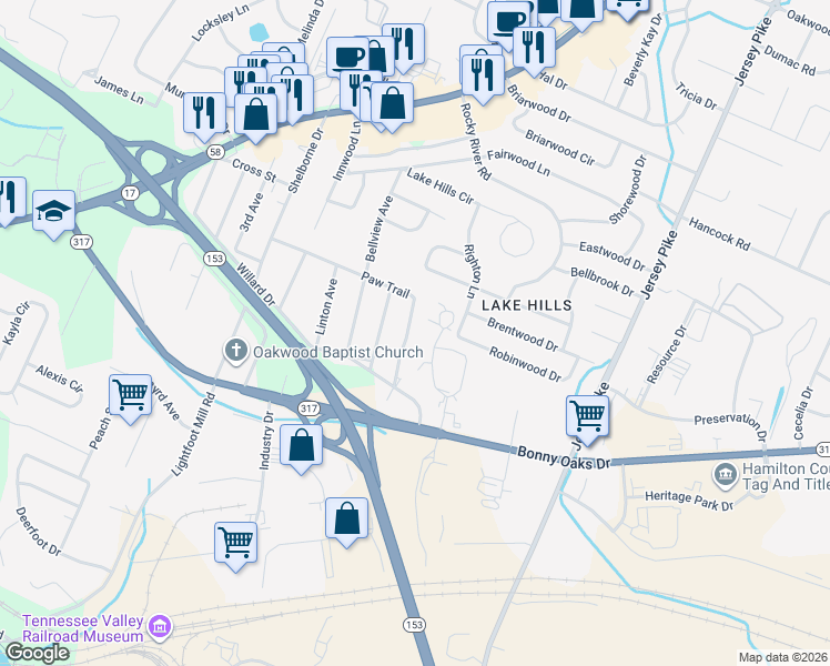 map of restaurants, bars, coffee shops, grocery stores, and more near 4628 Paw Trail in Chattanooga