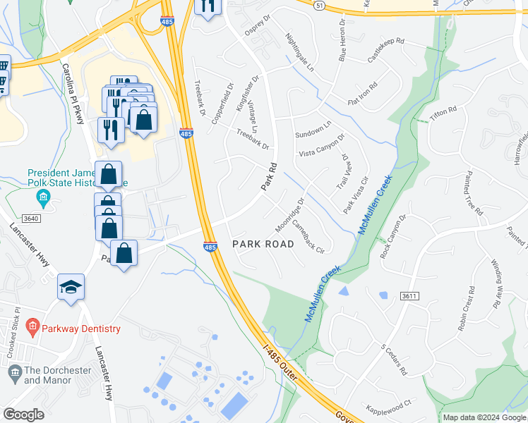 map of restaurants, bars, coffee shops, grocery stores, and more near 11712 Rimrock Canyon Drive in Charlotte