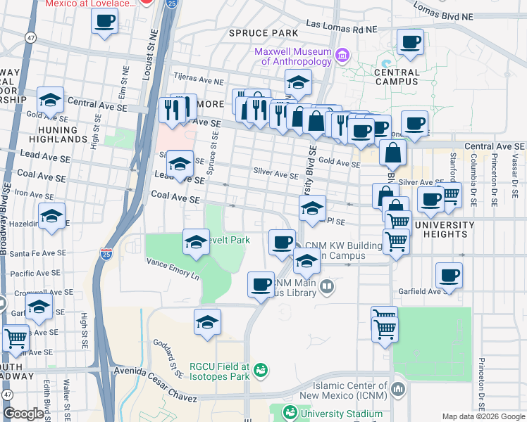 map of restaurants, bars, coffee shops, grocery stores, and more near Coal Ave SE & Ash St SE in Albuquerque