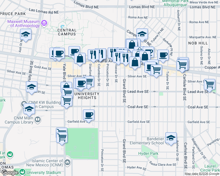 map of restaurants, bars, coffee shops, grocery stores, and more near in Albuquerque