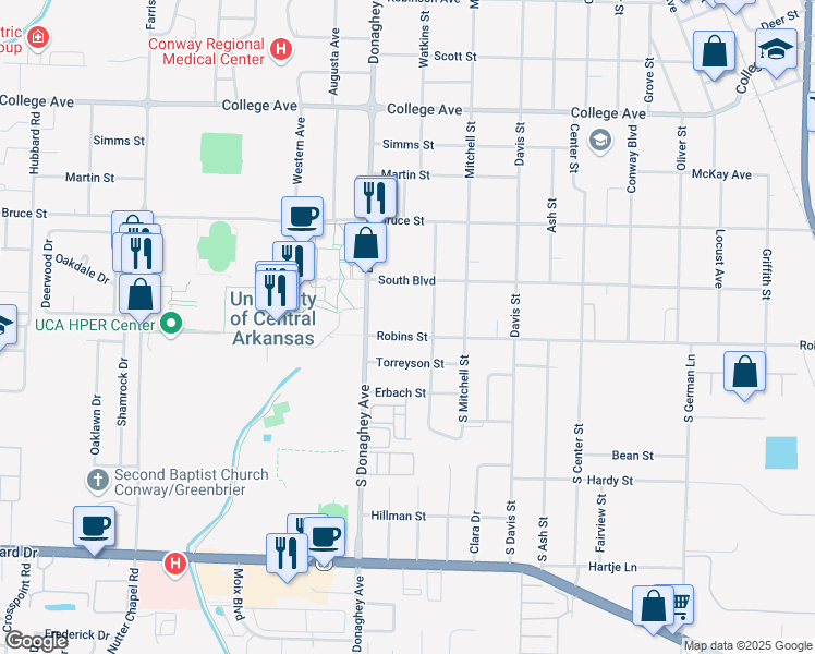 map of restaurants, bars, coffee shops, grocery stores, and more near 100 Elizabeth Street in Conway