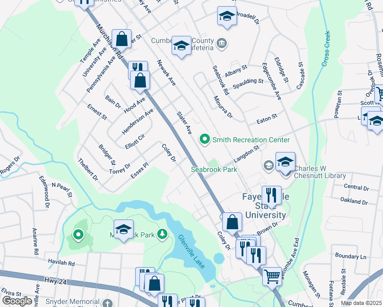 map of restaurants, bars, coffee shops, grocery stores, and more near 1600 Murchison Road in Fayetteville