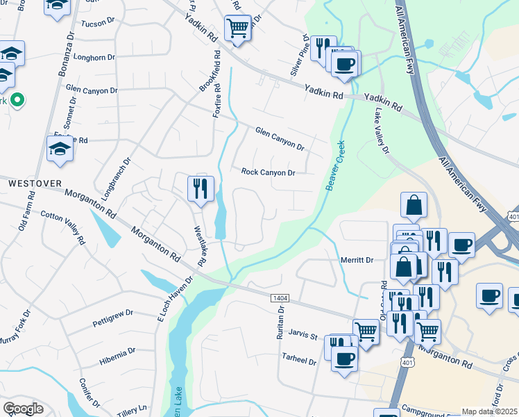 map of restaurants, bars, coffee shops, grocery stores, and more near 274 Waterdown Drive in Fayetteville