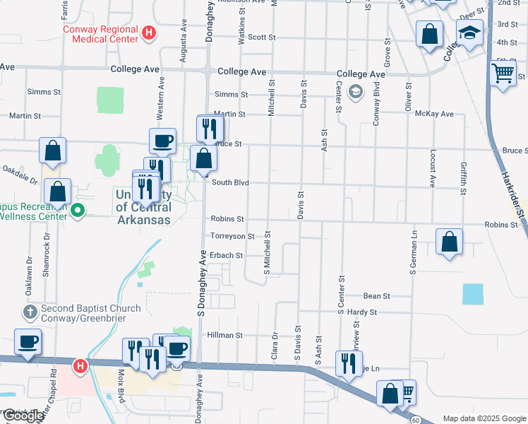 map of restaurants, bars, coffee shops, grocery stores, and more near 103 Mitchell Street in Conway