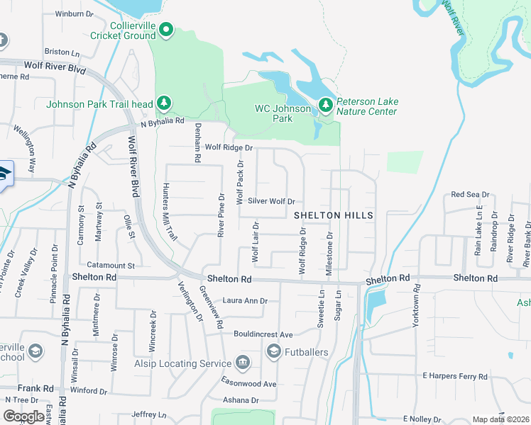 map of restaurants, bars, coffee shops, grocery stores, and more near 340 Wolf Run Road in Collierville