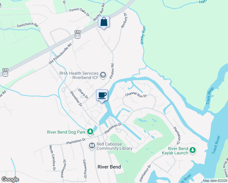 map of restaurants, bars, coffee shops, grocery stores, and more near 103 Captains Cove in New Bern