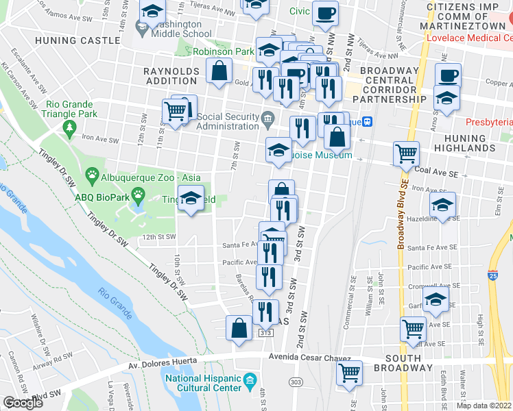 map of restaurants, bars, coffee shops, grocery stores, and more near 510 Hazeldine Avenue Southwest in Albuquerque