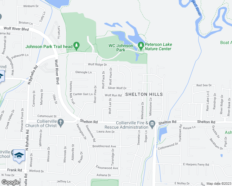 map of restaurants, bars, coffee shops, grocery stores, and more near 340 Wolf Run Road in Collierville