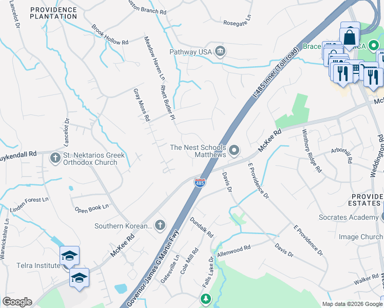 map of restaurants, bars, coffee shops, grocery stores, and more near 2419 Tarleton Twins Terrace in Charlotte