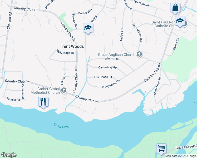 map of restaurants, bars, coffee shops, grocery stores, and more near 3615 Fox Chase Road in Trent Woods