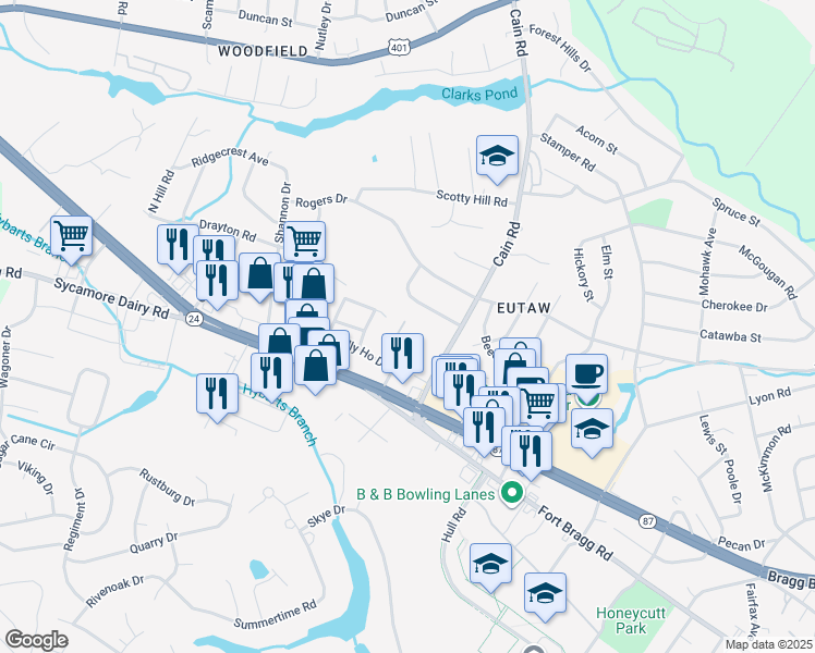 map of restaurants, bars, coffee shops, grocery stores, and more near 937 Pedro Drive in Fayetteville