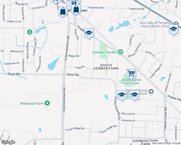 map of restaurants, bars, coffee shops, grocery stores, and more near 2612 Canale Tagg Cove in Germantown