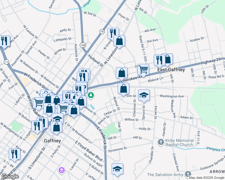 map of restaurants, bars, coffee shops, grocery stores, and more near 101 Walnut Street in Gaffney