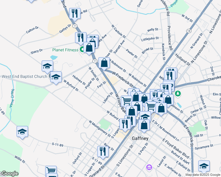map of restaurants, bars, coffee shops, grocery stores, and more near 533 West Floyd Baker Boulevard in Gaffney