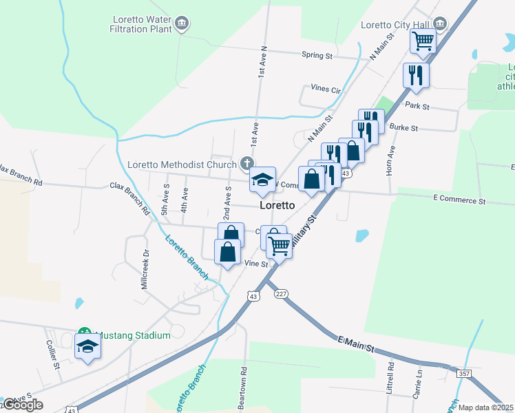 map of restaurants, bars, coffee shops, grocery stores, and more near 209 Broad Street in Loretto