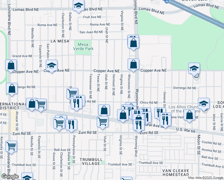map of restaurants, bars, coffee shops, grocery stores, and more near 229 Vermont Street Northeast in Albuquerque