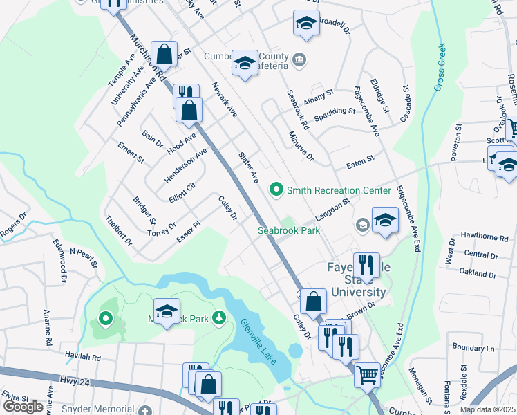 map of restaurants, bars, coffee shops, grocery stores, and more near 1600 Murchison Road in Fayetteville