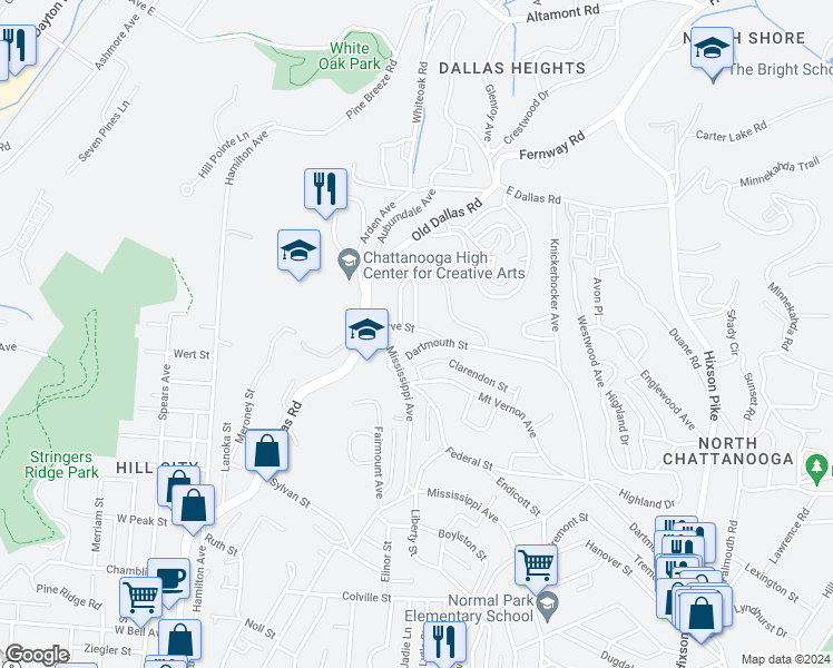 map of restaurants, bars, coffee shops, grocery stores, and more near 748 Curve Street in Chattanooga