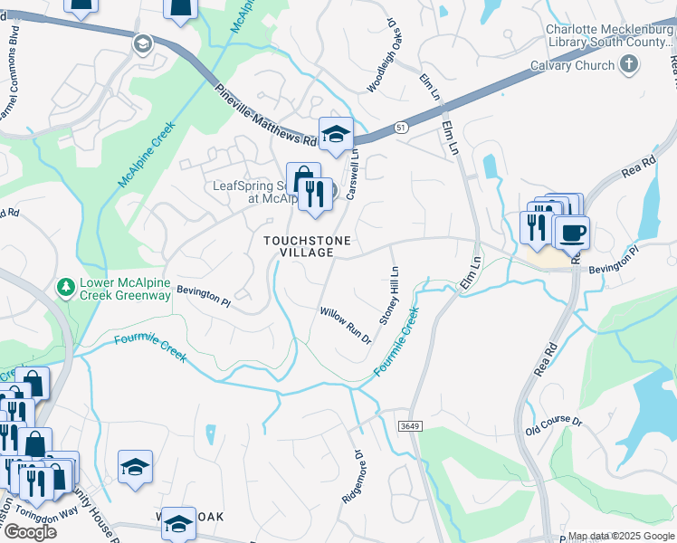 map of restaurants, bars, coffee shops, grocery stores, and more near 9409 Radner Lane in Charlotte