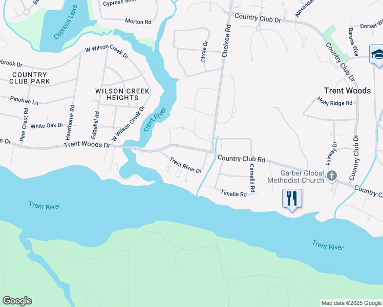 map of restaurants, bars, coffee shops, grocery stores, and more near 4707 Trent Woods Drive in Trent Woods