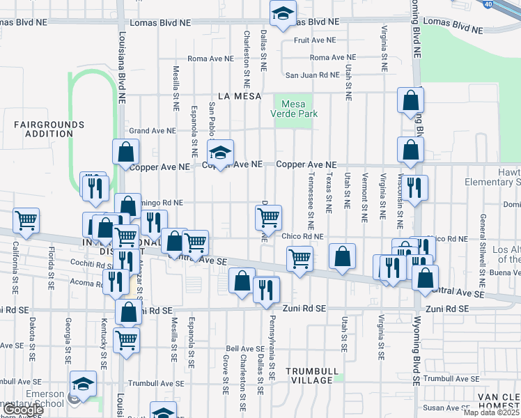 map of restaurants, bars, coffee shops, grocery stores, and more near 233 Dallas Street Northeast in Albuquerque