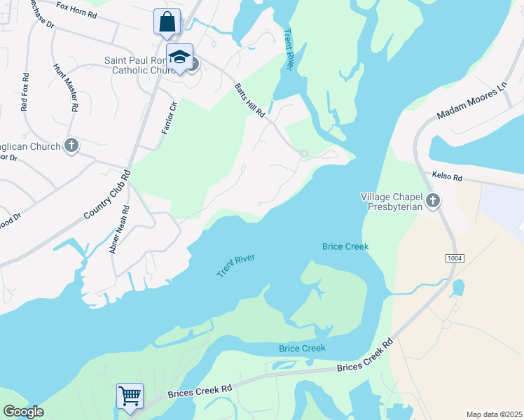 map of restaurants, bars, coffee shops, grocery stores, and more near 3021 River Lane in New Bern