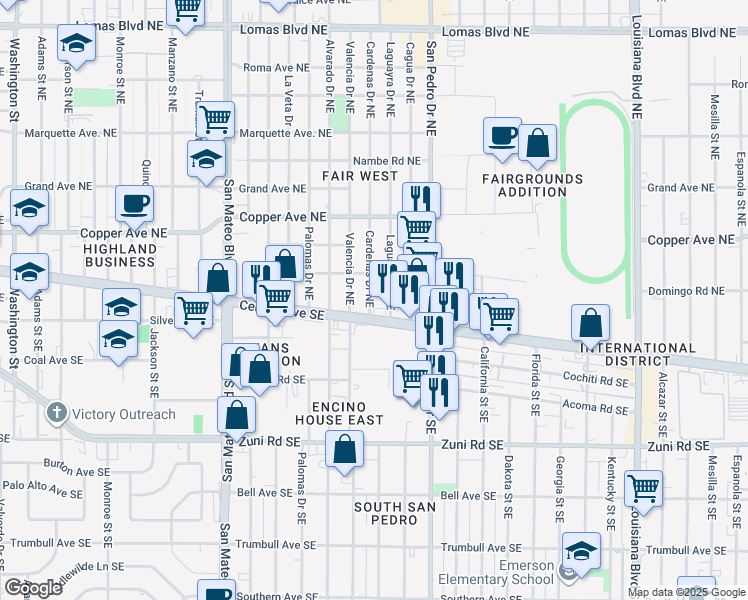 map of restaurants, bars, coffee shops, grocery stores, and more near 6001 Central Avenue Northeast in Albuquerque