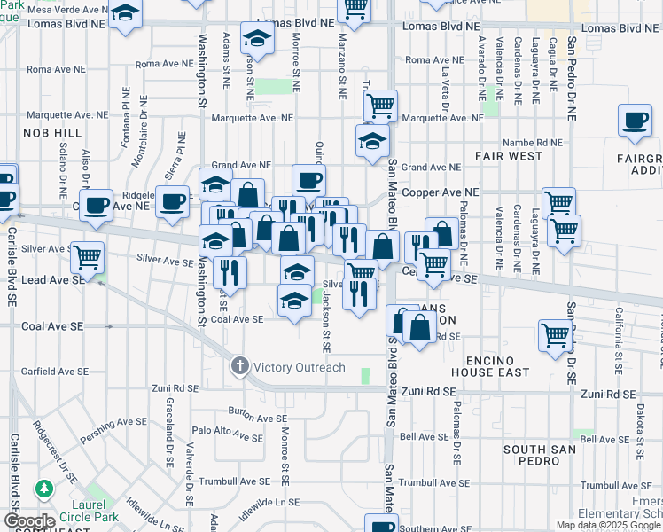 map of restaurants, bars, coffee shops, grocery stores, and more near 5000 Central Avenue Southeast in Albuquerque