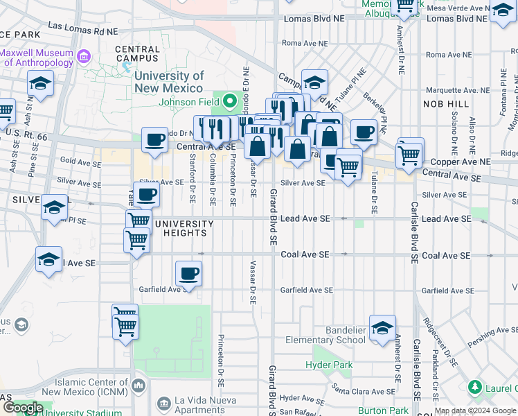 map of restaurants, bars, coffee shops, grocery stores, and more near in Albuquerque