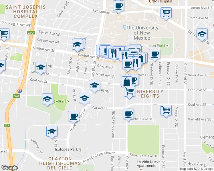 map of restaurants, bars, coffee shops, grocery stores, and more near in Albuquerque