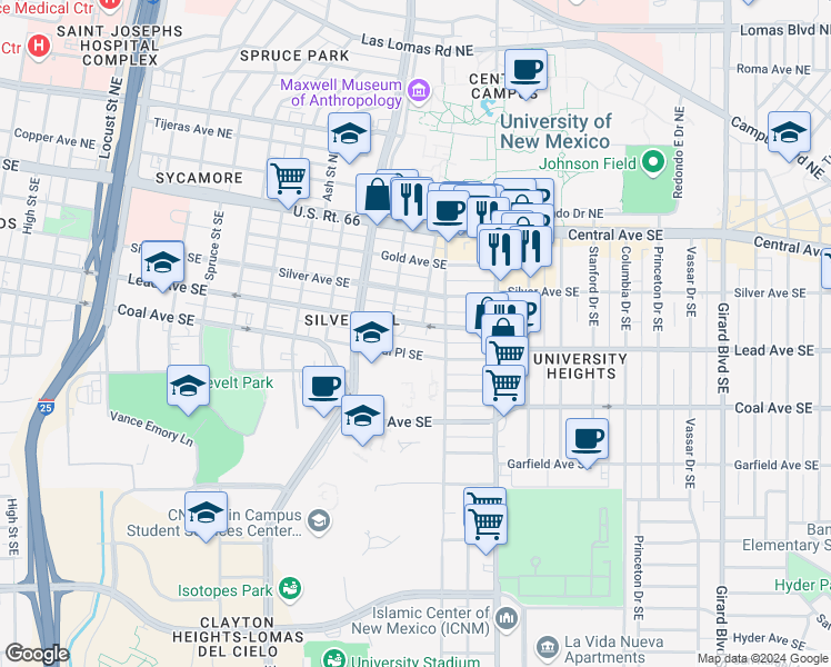 map of restaurants, bars, coffee shops, grocery stores, and more near in Albuquerque