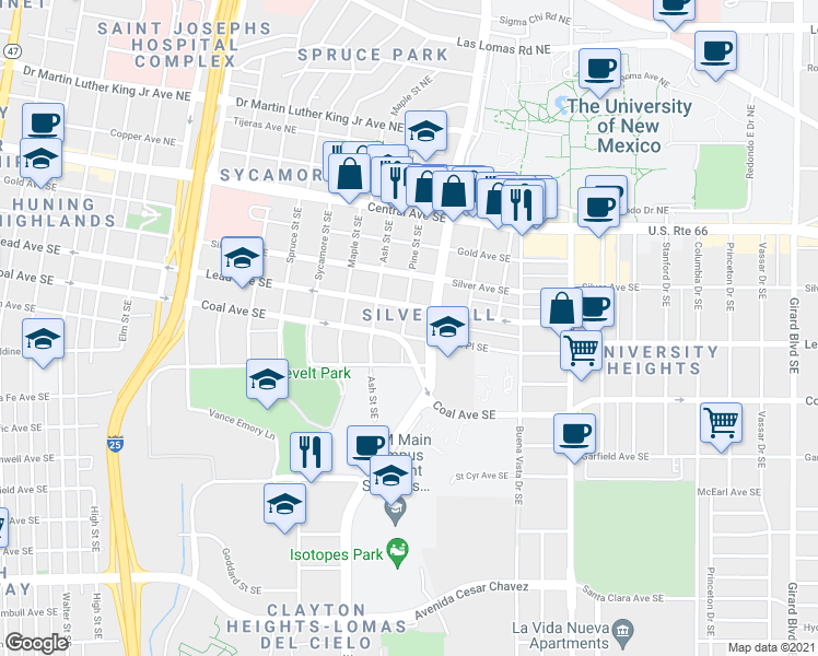 map of restaurants, bars, coffee shops, grocery stores, and more near 1618 Coal Avenue Southeast in Albuquerque